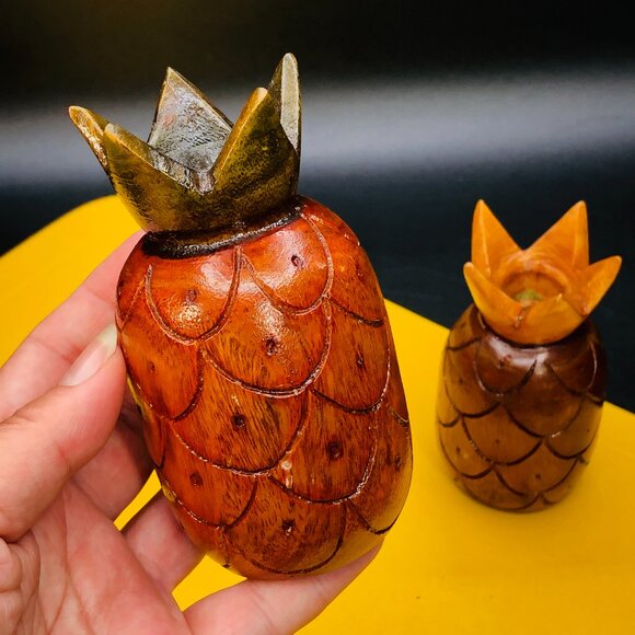 Vintage Wooden Pineapple Fruit Candleholder PAIR Tropical Tiki Bar Room Decor - Picture 7 of 10